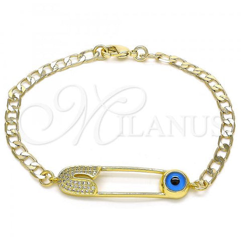 Oro Laminado Fancy Bracelet, Gold Filled Style Paperclip and Evil Eye Design, with White Micro Pave, Polished, Golden Finish, 03.313.0037.08