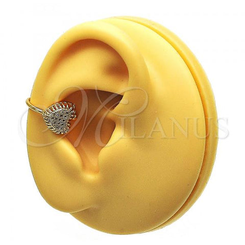 Oro Laminado Earcuff Earring, Gold Filled Style Heart Design, with White Micro Pave, Polished, Golden Finish, 02.213.0395