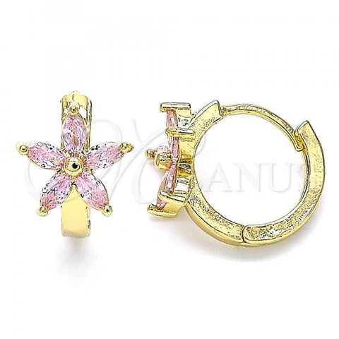 Oro Laminado Huggie Hoop, Gold Filled Style Flower Design, with Pink Cubic Zirconia, Polished, Golden Finish, 02.210.0496.2.15