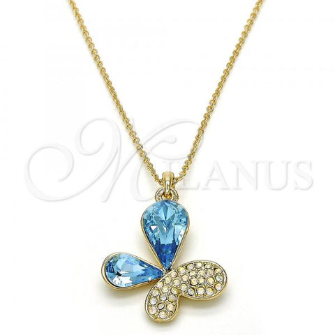Oro Laminado Pendant Necklace, Gold Filled Style Butterfly Design, with Aquamarine and Aurore Boreale Swarovski Crystals, Polished, Golden Finish, 04.239.0043.4.18