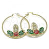 Oro Laminado Large Hoop, Gold Filled Style Guadalupe and Flower Design, Multicolor Enamel Finish, Golden Finish, 02.380.0078.50