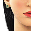 Oro Laminado Stud Earring, Gold Filled Style Flower Design, with Green and White Cubic Zirconia, Polished, Golden Finish, 02.310.0023