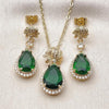 Oro Laminado Earring and Pendant Adult Set, Gold Filled Style Teardrop and Cluster Design, with Green Cubic Zirconia and White Micro Pave, Polished, Golden Finish, 10.196.0195