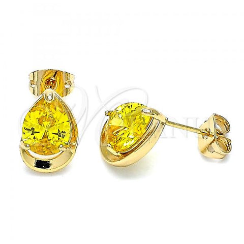 Oro Laminado Stud Earring, Gold Filled Style Teardrop Design, with Yellow Cubic Zirconia, Polished, Golden Finish, 02.213.0234.1