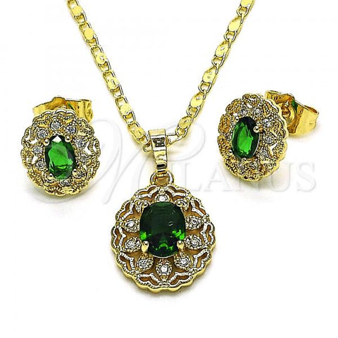 Oro Laminado Earring and Pendant Adult Set, Gold Filled Style Flower and Heart Design, with Green Cubic Zirconia and White Micro Pave, Polished, Golden Finish, 10.196.0073