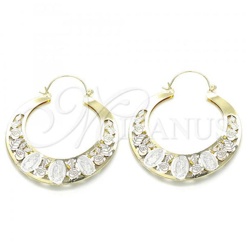 Oro Laminado Large Hoop, Gold Filled Style Guadalupe and Flower Design, Polished, Tricolor, 02.351.0047.50