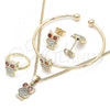 Oro Laminado Earring and Pendant Children Set, Gold Filled Style Owl Design, with White and Garnet Cubic Zirconia, Polished, Golden Finish, 06.210.0013.1