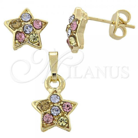 Oro Laminado Earring and Pendant Adult Set, Gold Filled Style Star Design, with Multicolor Crystal, Polished, Golden Finish, 10.164.0018.1