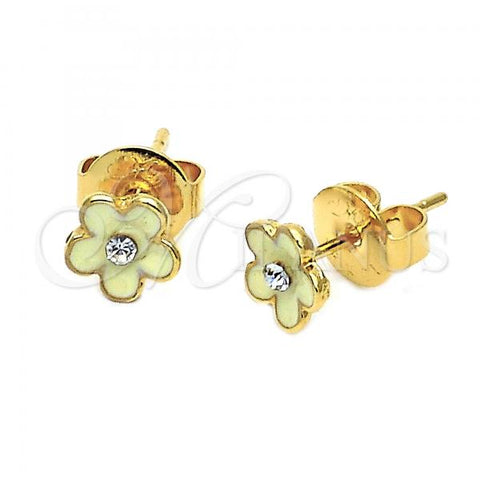 Oro Laminado Stud Earring, Gold Filled Style Flower Design, with White Crystal, White Enamel Finish, Golden Finish, 02.64.0333 *PROMO*