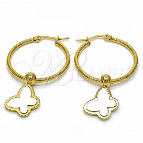 Stainless Steel Medium Hoop, Butterfly Design, White Enamel Finish, Golden Finish, 02.364.0006.30