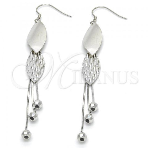 Sterling Silver Long Earring, Leaf Design, Polished, Rhodium Finish, 02.183.0026