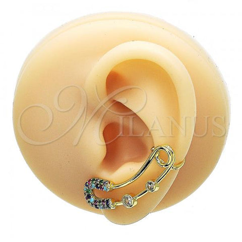 Oro Laminado Earcuff Earring, Gold Filled Style Paperclip Design, with Multicolor Micro Pave and White Cubic Zirconia, Polished, Golden Finish, 02.210.0710