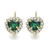 Oro Laminado Leverback Earring, Gold Filled Style Heart Design, with Green and White Crystal, Polished, Golden Finish, 02.122.0111.4