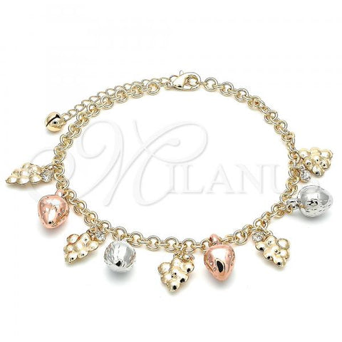 Oro Laminado Charm Anklet , Gold Filled Style Strawberry and Grape Design, with White Crystal, Polished, Tricolor, 03.331.0063.10