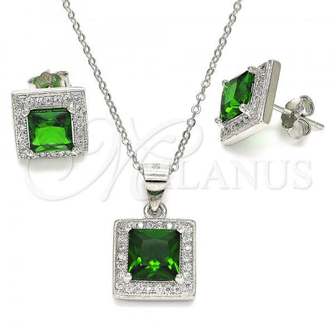 Sterling Silver Earring and Pendant Adult Set, with Green Cubic Zirconia and White Micro Pave, Polished, Rhodium Finish, 10.175.0069.3