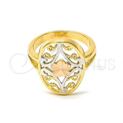 Oro Laminado Elegant Ring, Gold Filled Style Flower and Filigree Design, Diamond Cutting Finish, Tricolor, 5.175.009.09 (Size 9)