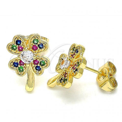 Oro Laminado Stud Earring, Gold Filled Style Four-leaf Clover Design, with Multicolor Micro Pave, Polished, Golden Finish, 02.210.0426.1