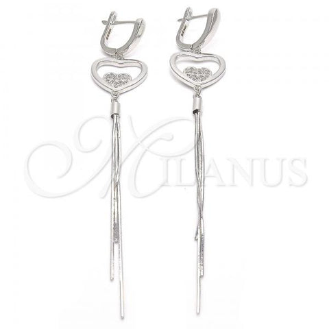 Sterling Silver Long Earring, Heart Design, with White Micro Pave, Polished, Rhodium Finish, 02.186.0094