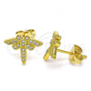 Oro Laminado Stud Earring, Gold Filled Style Dragon-Fly Design, with White Micro Pave, Polished, Golden Finish, 02.342.0073