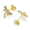 Oro Laminado Stud Earring, Gold Filled Style Dragon-Fly Design, with Ruby and White Micro Pave, Polished, Golden Finish, 02.156.0396.6