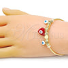Oro Laminado Individual Bangle, Gold Filled Style Heart and Evil Eye Design, Red Enamel Finish, Golden Finish, 07.299.0001