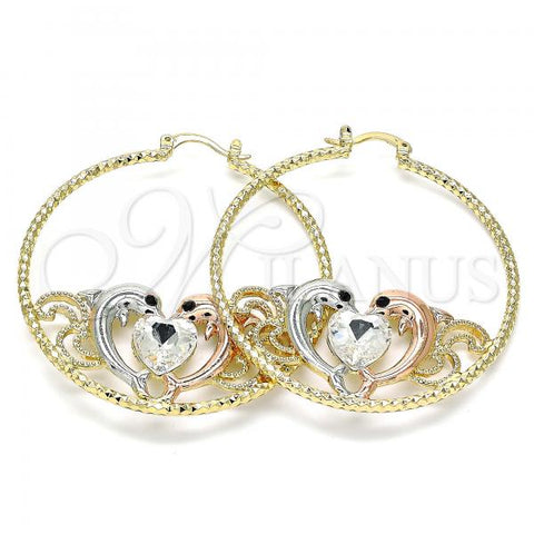 Oro Laminado Large Hoop, Gold Filled Style Dolphin and Heart Design, with White and Black Crystal, Diamond Cutting Finish, Tricolor, 02.380.0003.50