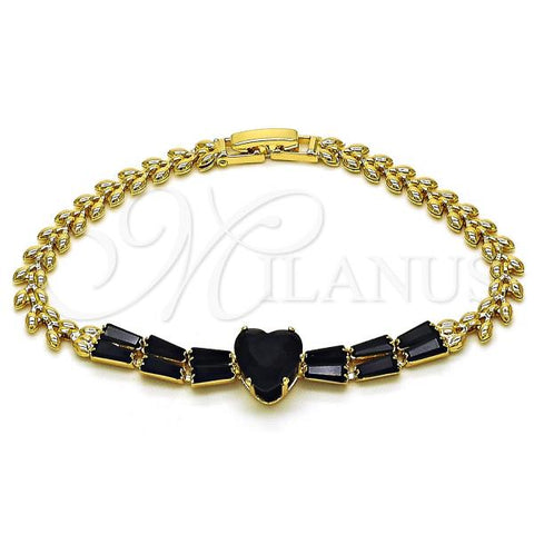 Oro Laminado Fancy Bracelet, Gold Filled Style Heart and Baguette Design, with Black Cubic Zirconia, Polished, Golden Finish, 03.283.0304.1.07