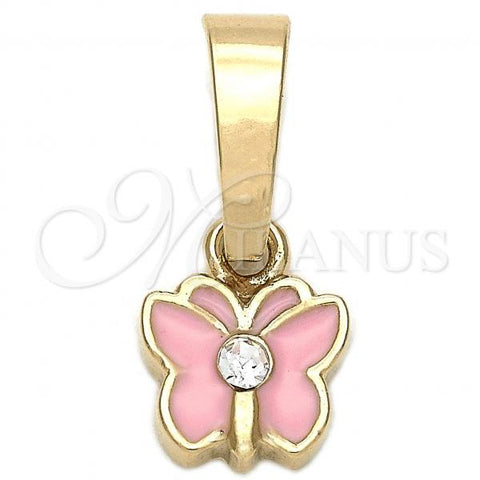 Oro Laminado Fancy Pendant, Gold Filled Style Butterfly Design, with White Crystal, Pink Enamel Finish, Golden Finish, 05.163.0065.4