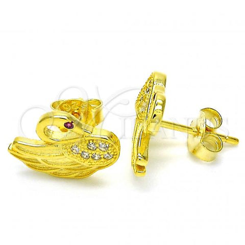 Sterling Silver Stud Earring, Swan Design, with Ruby and White Micro Pave, Polished, Golden Finish, 02.336.0105.2