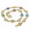 Oro Laminado Fancy Anklet, Gold Filled Style Evil Eye and Elephant Design, Multicolor Resin Finish, Golden Finish, 03.326.0010.10