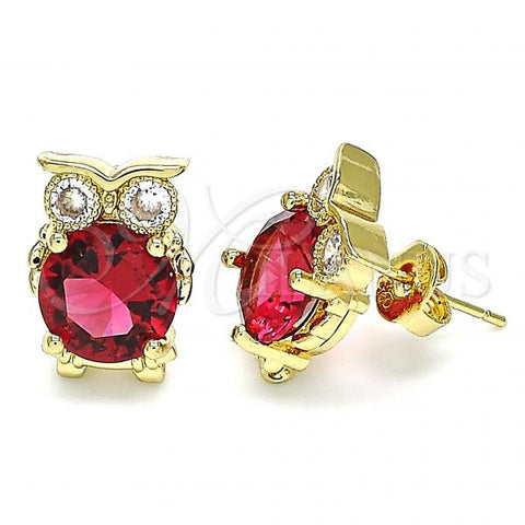 Oro Laminado Stud Earring, Gold Filled Style Owl Design, with Garnet Cubic Zirconia and White Micro Pave, Polished, Golden Finish, 02.156.0415