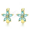 Oro Laminado Huggie Hoop, Gold Filled Style Flower Design, with Aqua Blue Cubic Zirconia, Polished, Golden Finish, 02.210.0496.1.15
