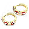 Oro Laminado Huggie Hoop, Gold Filled Style Evil Eye Design, with White Cubic Zirconia, Red Enamel Finish, Golden Finish, 02.213.0192.15