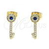Oro Laminado Stud Earring, Gold Filled Style key Design, with Sapphire Blue and White Micro Pave, Polished, Golden Finish, 02.344.0053