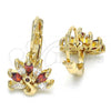 Oro Laminado Leverback Earring, Gold Filled Style Peacock Design, with Garnet and White Cubic Zirconia, Polished, Golden Finish, 02.210.0229.2