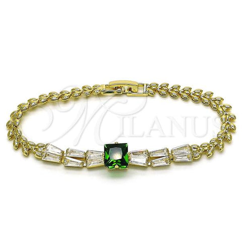 Oro Laminado Fancy Bracelet, Gold Filled Style Baguette and Leaf Design, with Green and White Cubic Zirconia, Polished, Golden Finish, 03.283.0373.07