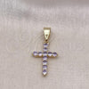 Oro Laminado Religious Pendant, Gold Filled Style Cross Design, with Amethyst Cubic Zirconia, Polished, Golden Finish, 05.253.0182.1