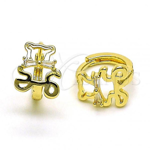 Oro Laminado Huggie Hoop, Gold Filled Style Teddy Bear Design, with White Cubic Zirconia, Polished, Golden Finish, 02.210.0789.10