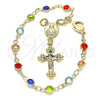 Oro Laminado Bracelet Rosary, Gold Filled Style Caridad del Cobre and Crucifix Design, with Multicolor Crystal, Polished, Golden Finish, 09.326.0003.07