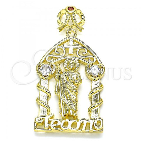 Oro Laminado Religious Pendant, Gold Filled Style San Judas and Heart Design, with White and Garnet Cubic Zirconia, Polished, Golden Finish, 05.253.0101