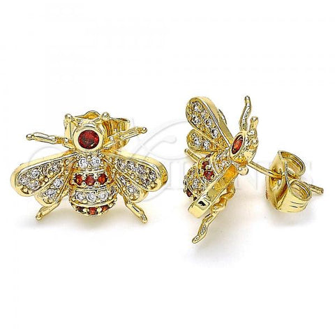 Oro Laminado Stud Earring, Gold Filled Style Bee Design, with Garnet and White Micro Pave, Polished, Golden Finish, 02.210.0412.1