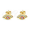Oro Laminado Stud Earring, Gold Filled Style Evil Eye Design, with White Cubic Zirconia, Red Enamel Finish, Golden Finish, 02.213.0267