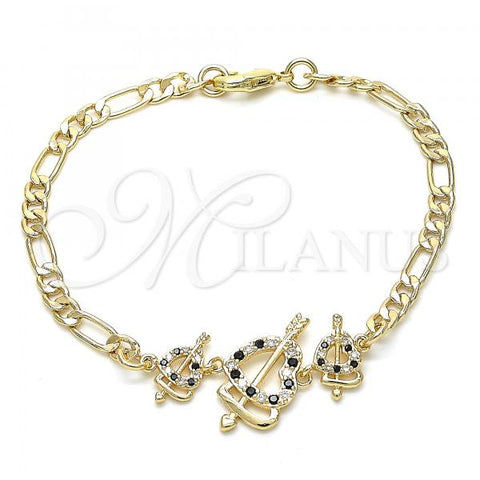 Oro Laminado Fancy Bracelet, Gold Filled Style Heart Design, with Black and White Cubic Zirconia, Polished, Golden Finish, 03.233.0033.08