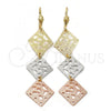 Oro Laminado Long Earring, Gold Filled Style Flower Design, Diamond Cutting Finish, Tricolor, 5.095.015