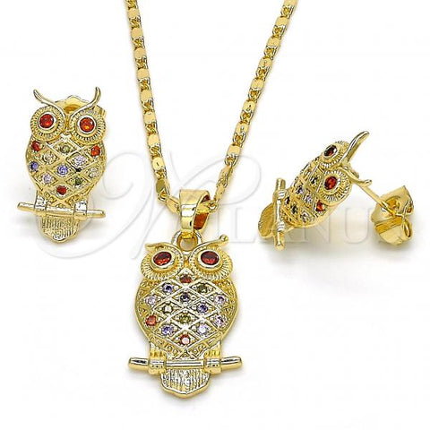 Oro Laminado Earring and Pendant Adult Set, Gold Filled Style Owl Design, with Multicolor Cubic Zirconia, Polished, Golden Finish, 10.316.0021.1