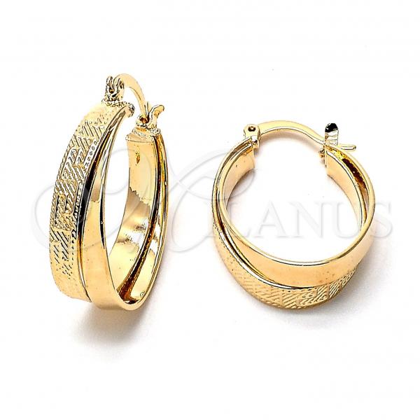 Oro Laminado Small Hoop, Gold Filled Style Greek Key Design, Diamond Cutting Finish, Golden Finish, 5.144.019