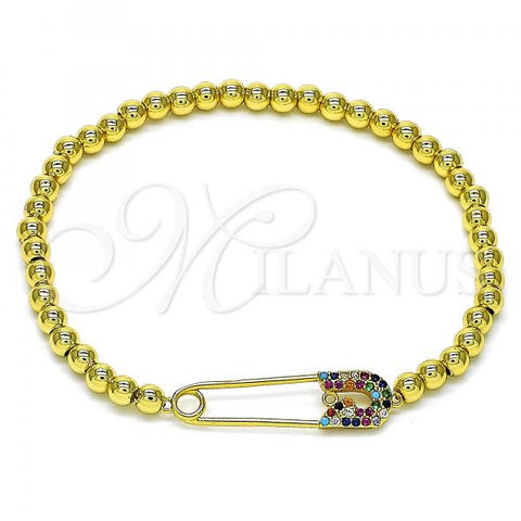 Oro Laminado Fancy Bracelet, Gold Filled Style Paperclip and Expandable Bead Design, with Multicolor Micro Pave, Polished, Golden Finish, 03.313.0040.07