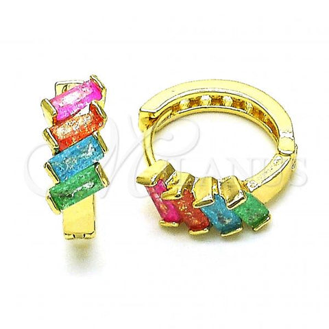 Oro Laminado Huggie Hoop, Gold Filled Style Baguette Design, with Multicolor Cubic Zirconia, Polished, Golden Finish, 02.210.0031.3.15