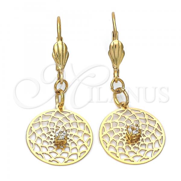 Oro Laminado Dangle Earring, Gold Filled Style Flower and Filigree Design, with White Cubic Zirconia, Polished, Golden Finish, 73.013