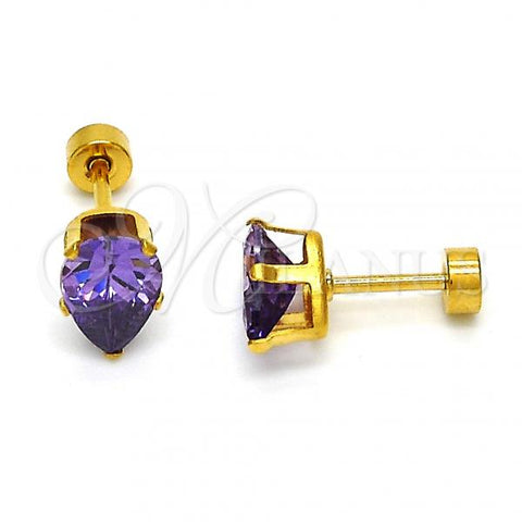 Stainless Steel Stud Earring, Teardrop Design, with Amethyst Cubic Zirconia, Polished, Golden Finish, 02.271.0023